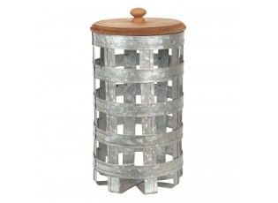 Plechový úložný box s dřevěným víkem - Ø 14*26 cm