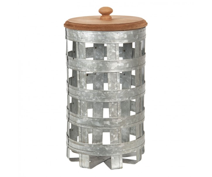 Plechový úložný box s dřevěným víkem - Ø 14*26 cm Clayre & Eef