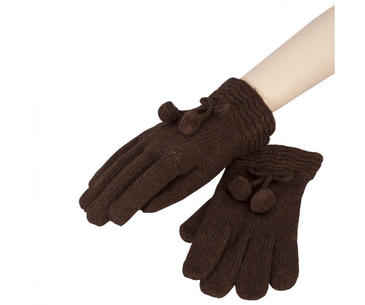 Hnědé rukavice s bambulkami - 8*22 cm Clayre & Eef