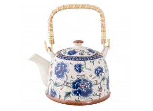 Porcelánová konvička s modrými květy a se sítkem - Ø 14*14 cm / 0,7L