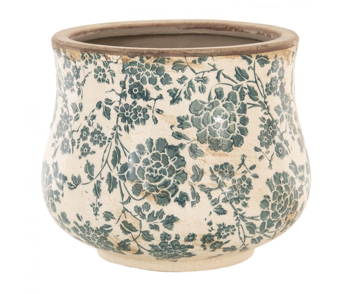 Retro květináč s modrými květy - Ø 18*15 cm