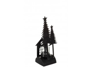 Černý kovový svícen na čajovou svíčku s glitry - 11*8*26 cm