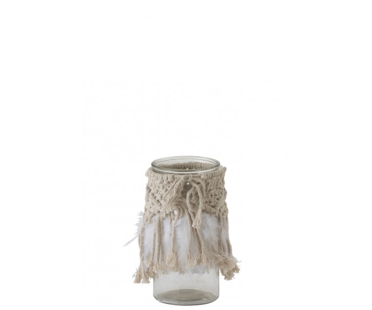 Skleněný svícen Macrame na čajovou svíčku s béžovými provázky a peříčky. J-Line by Jolipa