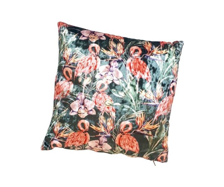 Zelený sametový polštář s plameňáky - 35*35cm Colmore by Diga