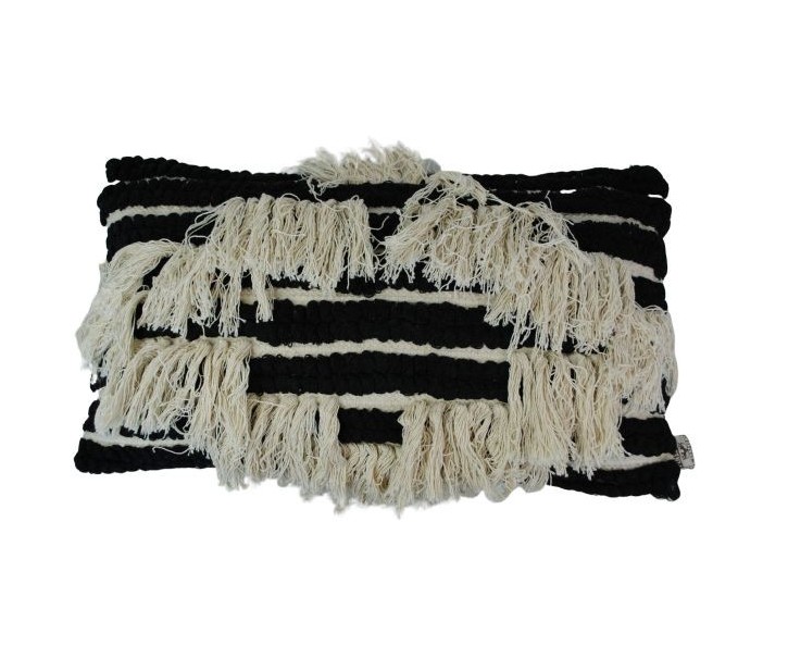 Černo-krémový boho polštář s třásněmi - 30*50cm Colmore by Diga