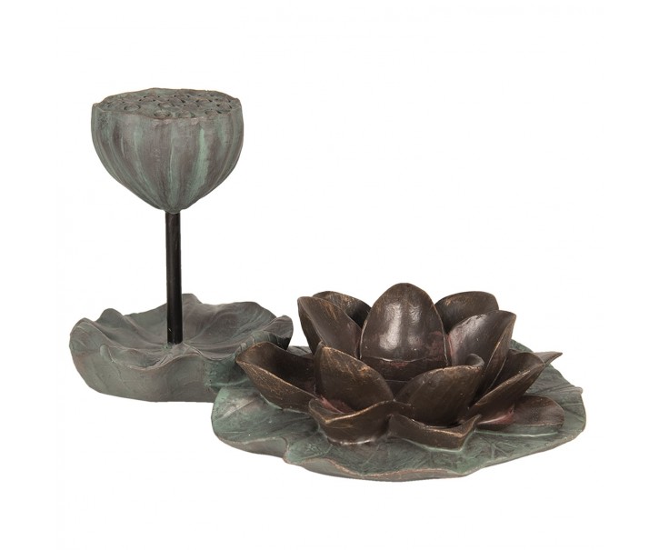 Zeleno hnědý dekorační svícen ve tvaru kvetu- 10*8*33 cm Clayre & Eef