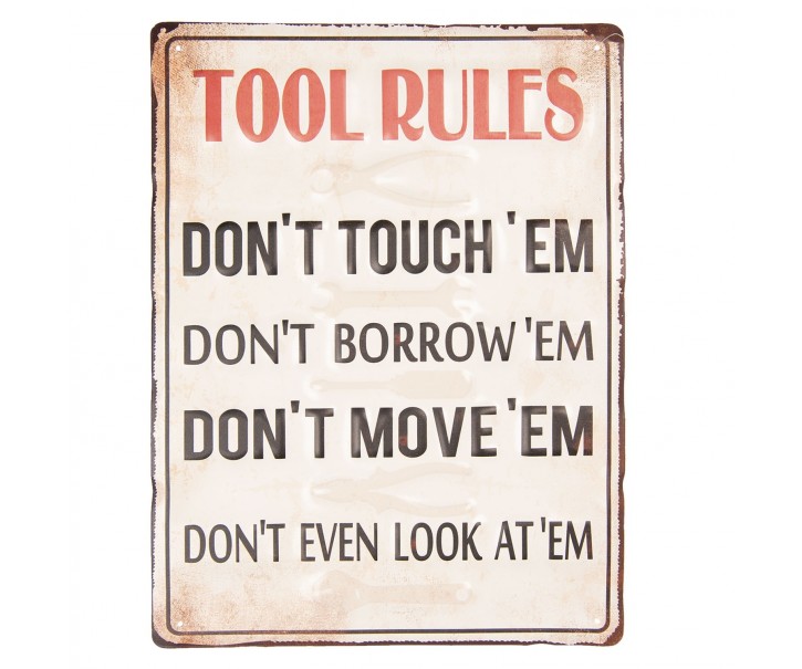 Barevná kovová cedule TOOL RULES s úmyslným odřením a rzí. Clayre & Eef