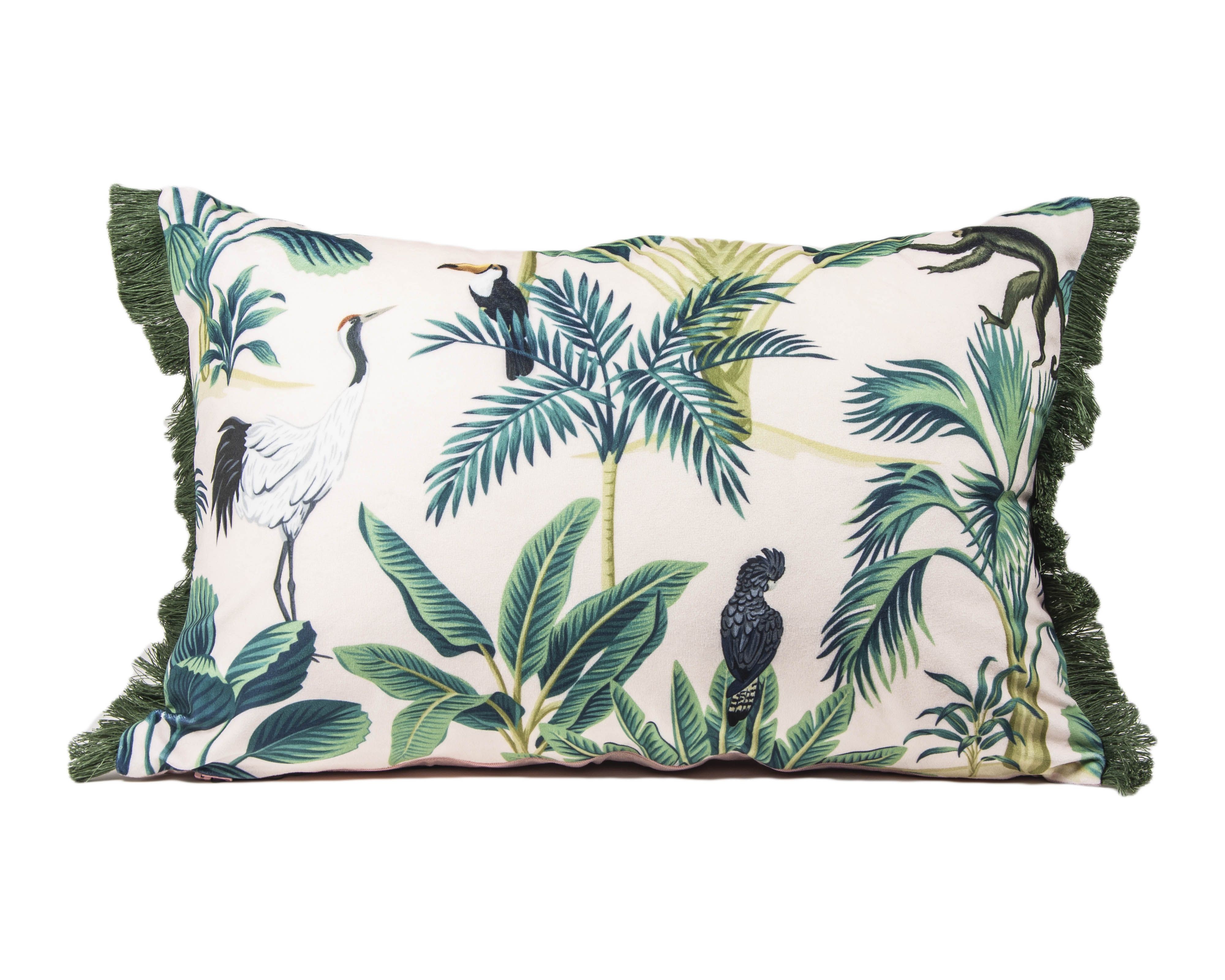 Růžový sametový polštář Tropical Bird - 35*50cm
