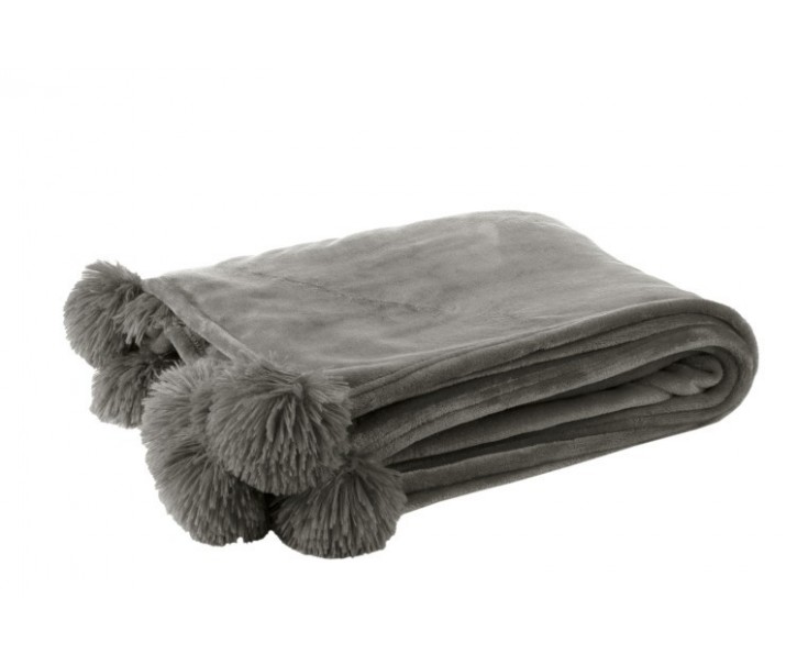 Šedý plyšový pléd Pompom s bambulemi - 130*170cm J-Line by Jolipa