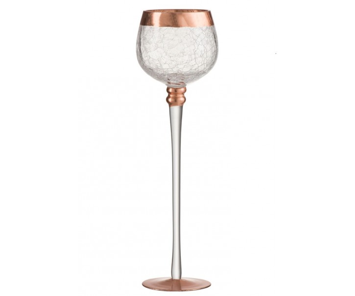Skleněný svícen na noze s popraskáním Copper - Ø 9*30cm J-Line by Jolipa