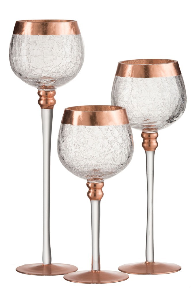 Skleněný svícen na noze s popraskáním Copper - Ø 9*30cm J-Line by Jolipa Skleněný svícen na noze s popraskáním Copper - Ø 9*30cm J-Line by Jolipa