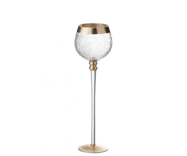 Skleněný svícen na noze s popraskáním Gold - Ø 9*30cm J-Line by Jolipa