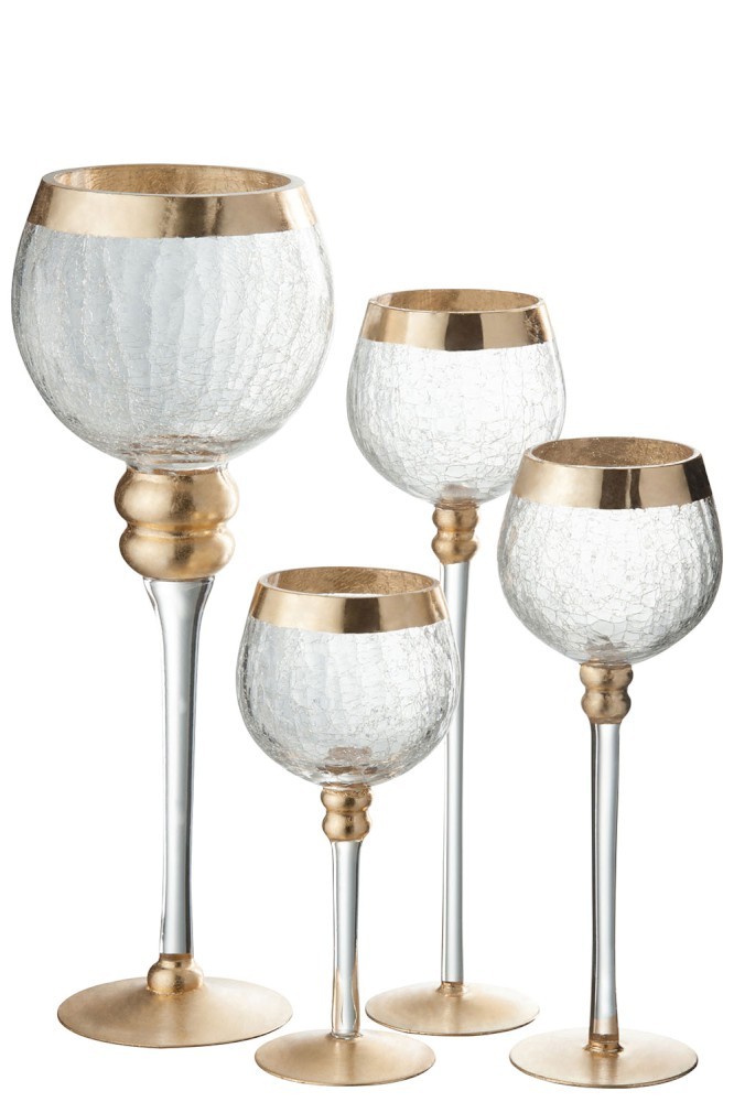 Skleněný antik svícen na noze s popraskáním Gold - Ø 9*30cm J-Line by Jolipa Skleněný antik svícen na noze s popraskáním Gold - Ø 9*30cm J-Line by Jolipa