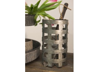 Plechový úložný box s dřevěným víkem - Ø 14*26 cm