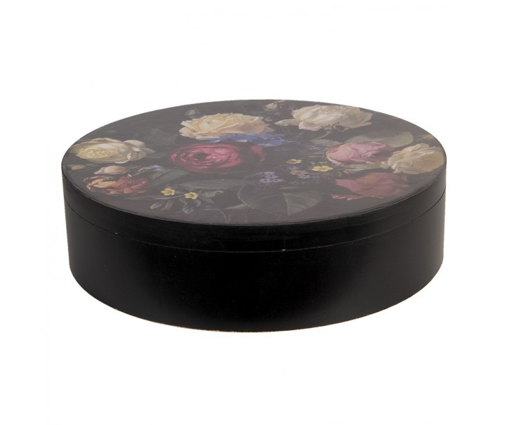 Černý dřevěný úložný box s růžemi - Ø 25*7 cm Clayre & Eef