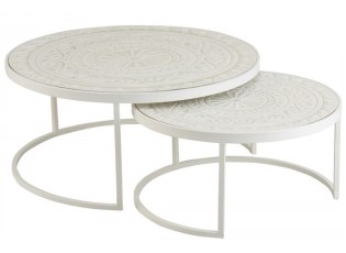 Set 2 bílých kovových stolků s ornamentovou deskou - Ø79*36 cm