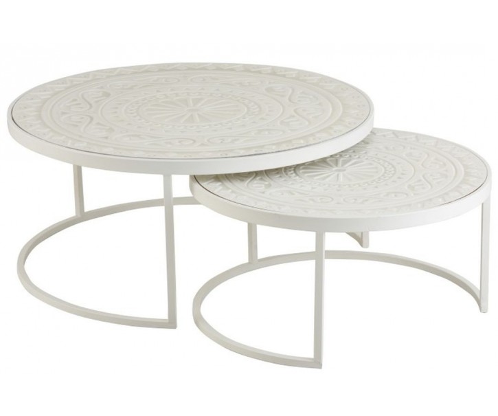 Set 2 bílých kovových stolků s ornamentovou deskou - Ø79*36 cm J-Line by Jolipa