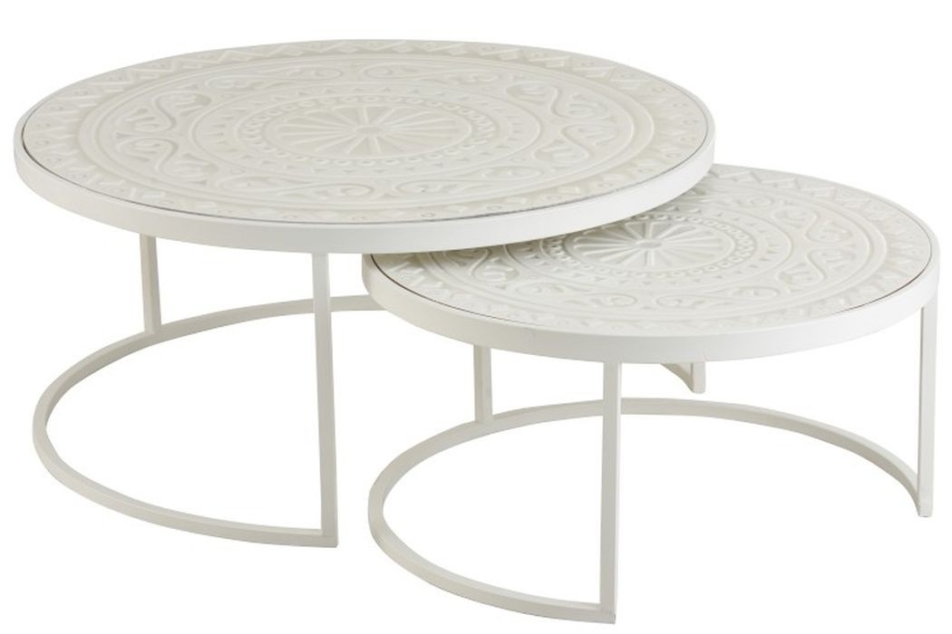 Set 2 bílých kovových stolků s ornamentovou deskou - Ø79*36 cm