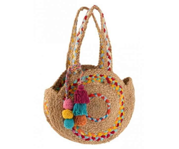 Hnědá jutová kabelka s barevným prošitím Tass - Ø31*21 cm J-Line by Jolipa