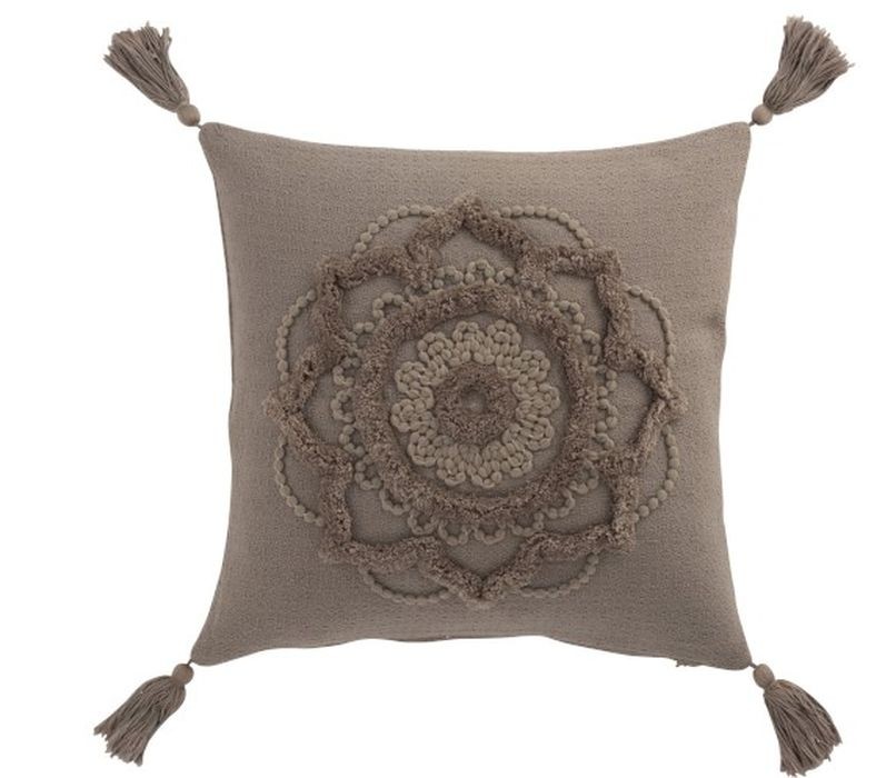 Taupe bavlněný polštář Fransen Blumen se střapci - 45*45 cm