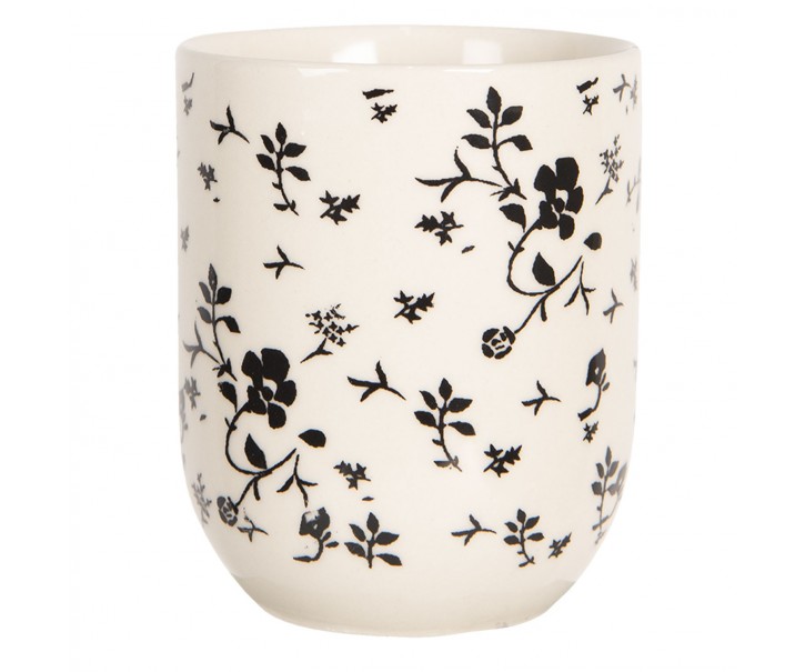 Porcelánový kalíšek na čaj s černými kvítky - ∅ 6*8 cm / 0,1L Clayre & Eef