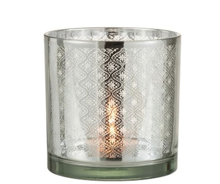 Skleněný svícen se stříbrným ornamentem Oriental silver - Ø 15*15cm J-Line by Jolipa Skleněný svícen se stříbrným ornamentem Oriental silver - Ø 15*15cm J-Line by Jolipa
