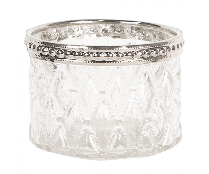 Bílý skleněný svícen Tealight s ozdobným krajem - 6*4 cm Clayre & Eef