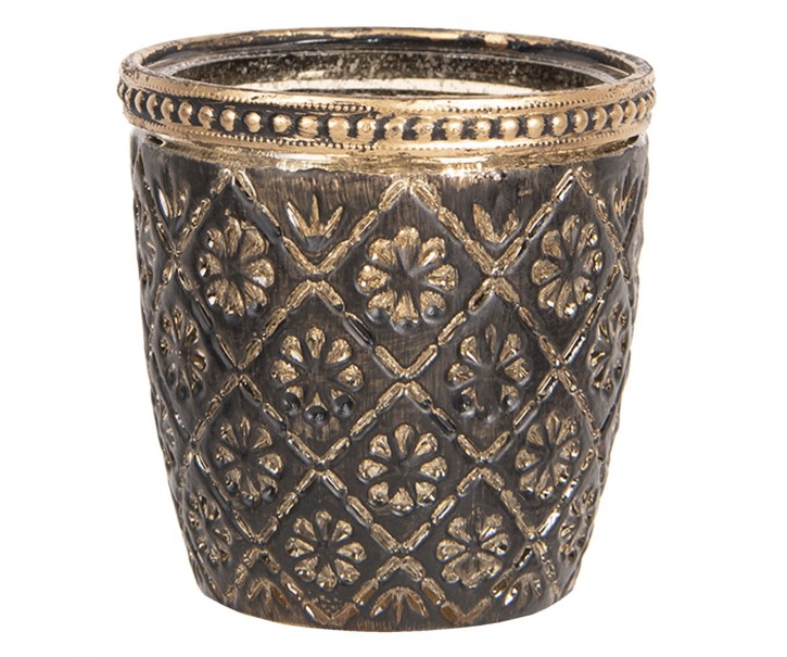 Hnědo černo zlatý skleněný svícen Tealight - 9*9 cm Clayre & Eef
