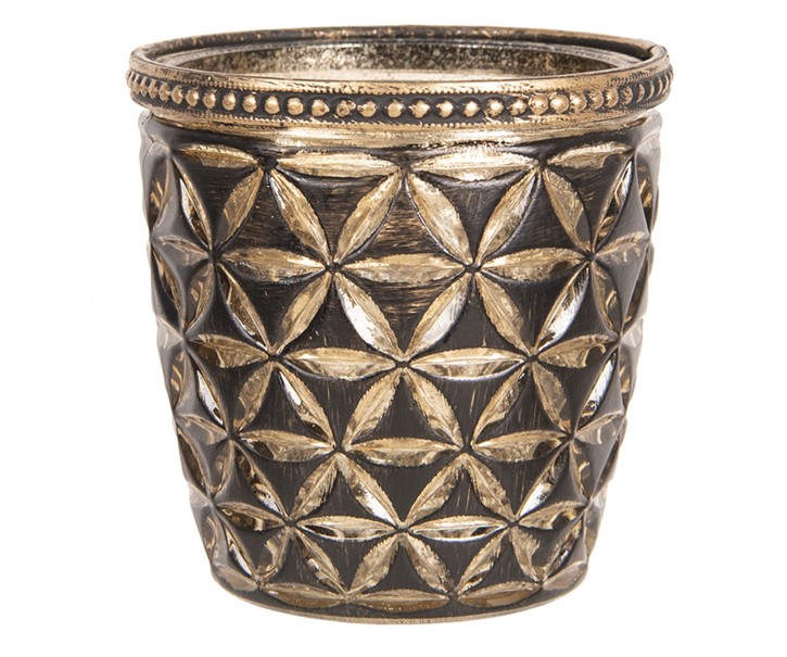 Černo zlatý skleněný svícen s patinou Tealight - 9*9 cm Clayre & Eef