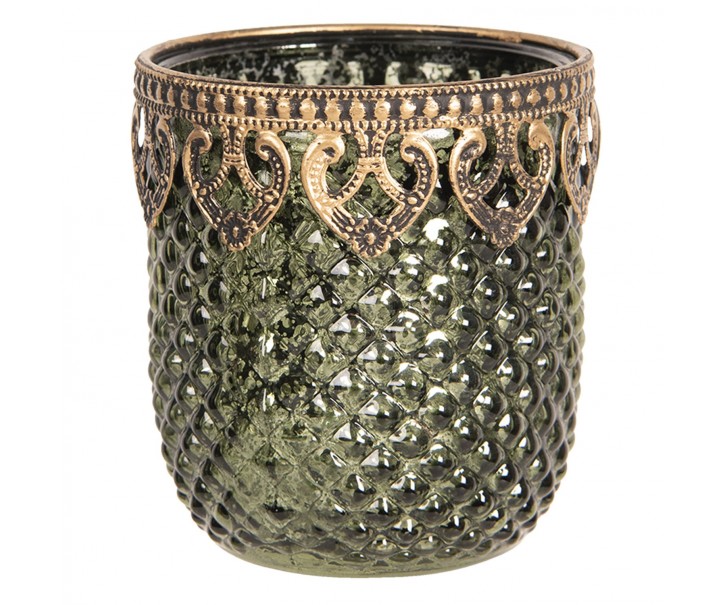 Zeleno zlatý skleněný svícen s patinou Tealight - 8*9 cm Clayre & Eef