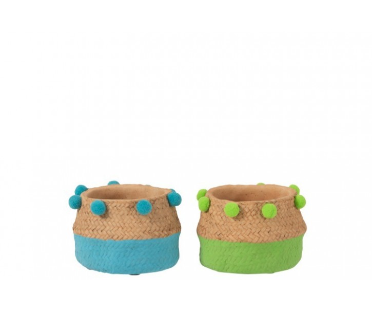 2ks Cementový květináč Pompom modrá,zelená S- 15*15*10 cm J-Line by Jolipa