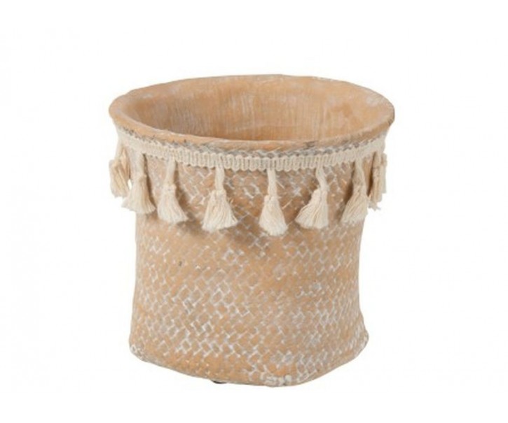 Béžový cementový květináč se střapci Boho S - Ø16*15,5 cm J-Line by Jolipa