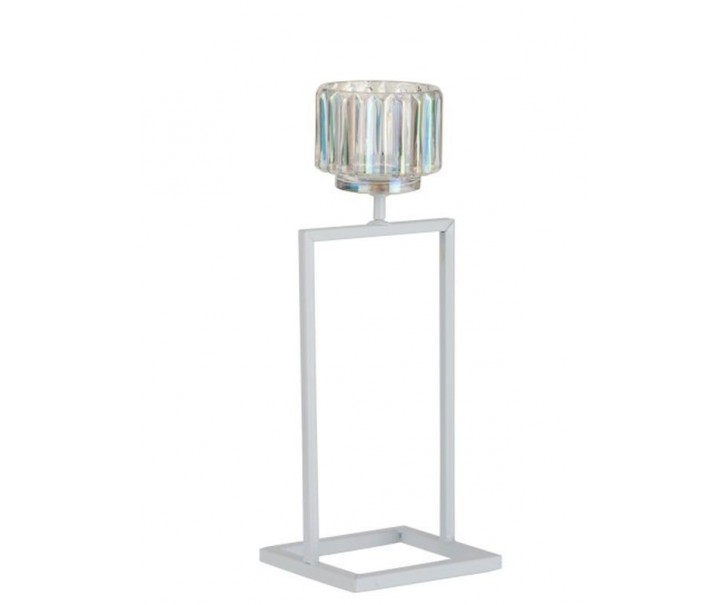 Bílý kovový svícen na 1 svíčku Glass - 12*11*31 cm J-Line by Jolipa
