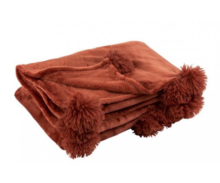 Plyšový marsala pléd s bambulemi Pompom - 130*170*1 cm J-Line by Jolipa