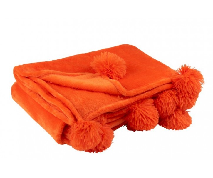 Plyšový pléd s bambulkami v zářivě oranžové Pompom - 130*170*1 cm J-Line by Jolipa