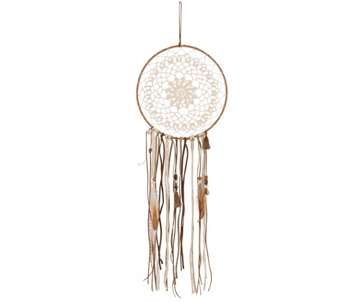 Hnědý lapač snů s korálky a peříčky Boho - Ø 25*78cm J-Line by Jolipa