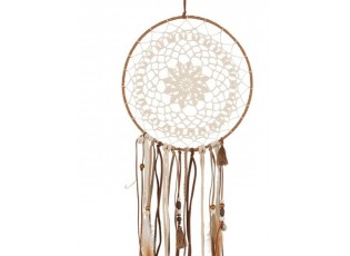 Hnědý lapač snů s korálky a peříčky Boho - Ø 25*78cm