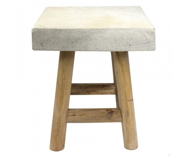 Dřevěná stolička s šedo bílým čtvercovým podsedákem z hovězí kůže - 35*35*35cm Mars & More 