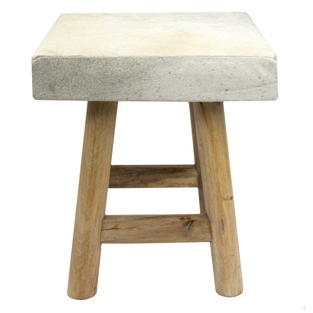 Dřevěná stolička s šedo bílým čtvercovým podsedákem z hovězí kůže - 35*35*35cm