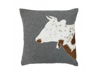 Šedý vlněný polštář s krávou z hovězí kůže - 45*45*10cm