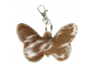 Klíčenka hnědo bílý motýlek z hovězí kůže - 10,5*7*2cm