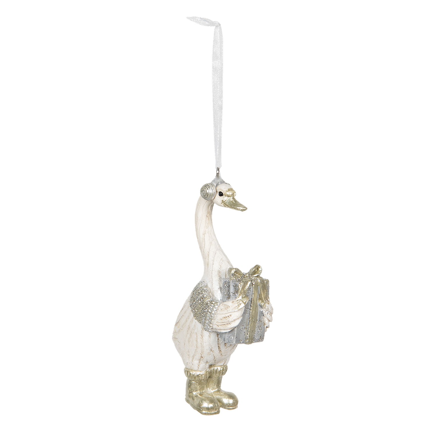 Závěsná dekorativní ozdoba husa s dárkem - 5*3*11 cm Clayre & Eef Závěsná dekorativní ozdoba husa s dárkem - 5*3*11 cm Clayre & Eef