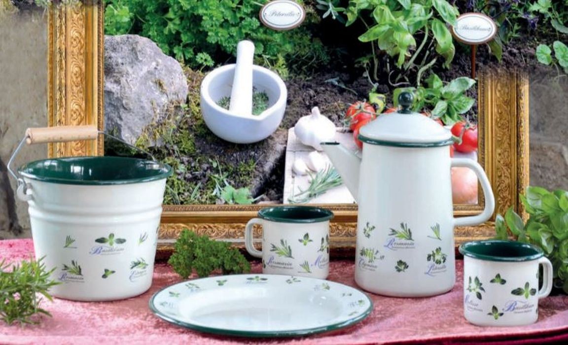 Krémový smaltovaný kyblík s bylinkami Herbs - Ø24*23cm - 6L Münder Email Krémový smaltovaný kyblík s bylinkami Herbs - Ø24*23cm - 6L Münder Email