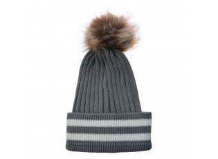 Šedá čepice s pruhy a hnědou bambulí - 20 cm