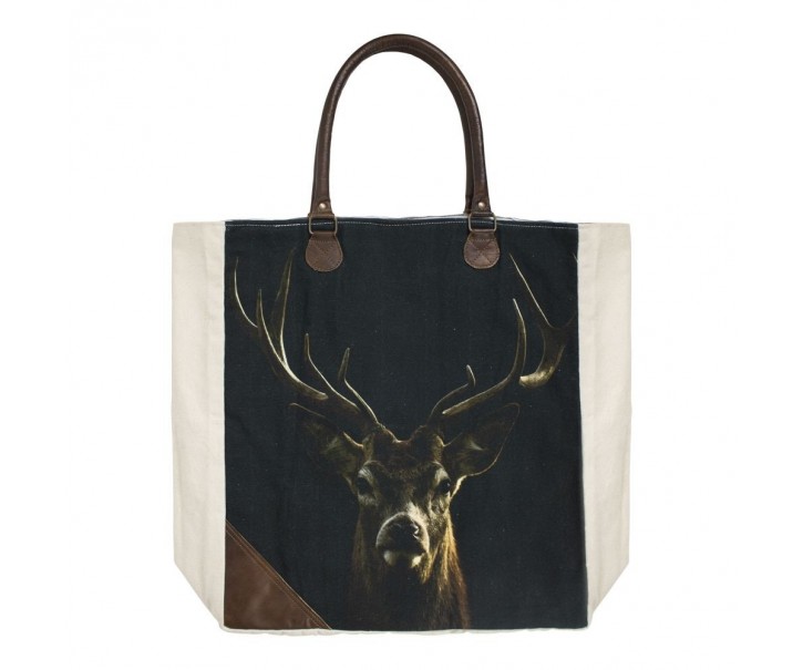 Bavlněno-kožený shopper s jelenem Black Deer - 40*44*12cm Mars & More 