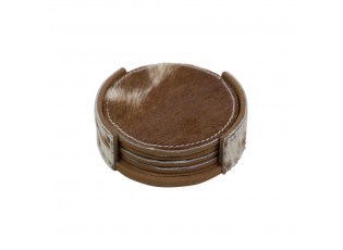 4ks hnědo bílých kulatých podtácků ve stojánku z hovězí kůže - 11*11*3cm/10*10*0,5cm