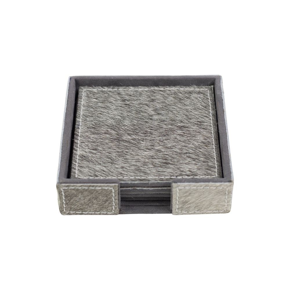 4 ks šedých hranatých podtácků z hovězí kůže - 12*12*3cm/10,5*10,5*0,5cm