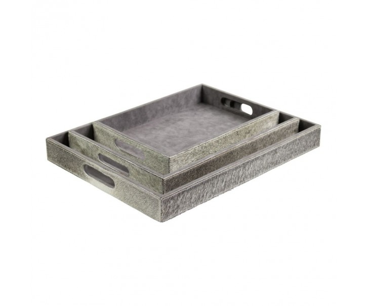 Sada 3ks servírovací podnosy s hovězí kůží šedá - 46*36,5*5cm/40,5*30,5*5cm/33,5*24,5*5cm Mars & More 