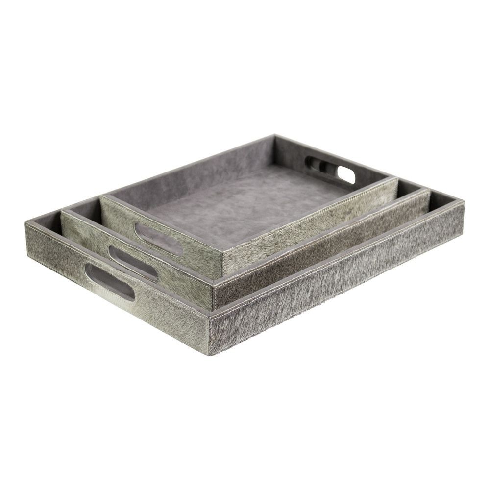 Sada 3ks servírovací podnosy s hovězí kůží šedá - 46*36,5*5cm/40,5*30,5*5cm/33,5*24,5*5cm