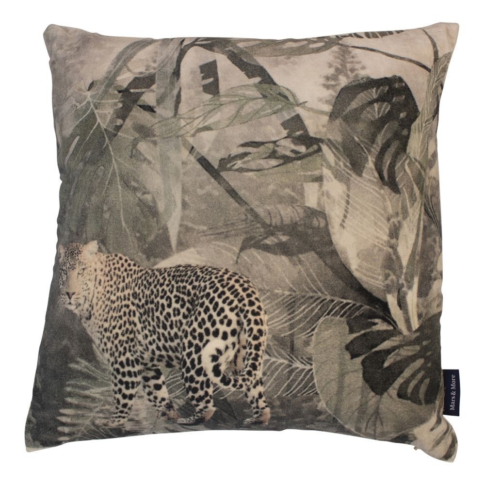 Sametový hnědý polštář s leopardem v džungli - 45*45*15cm